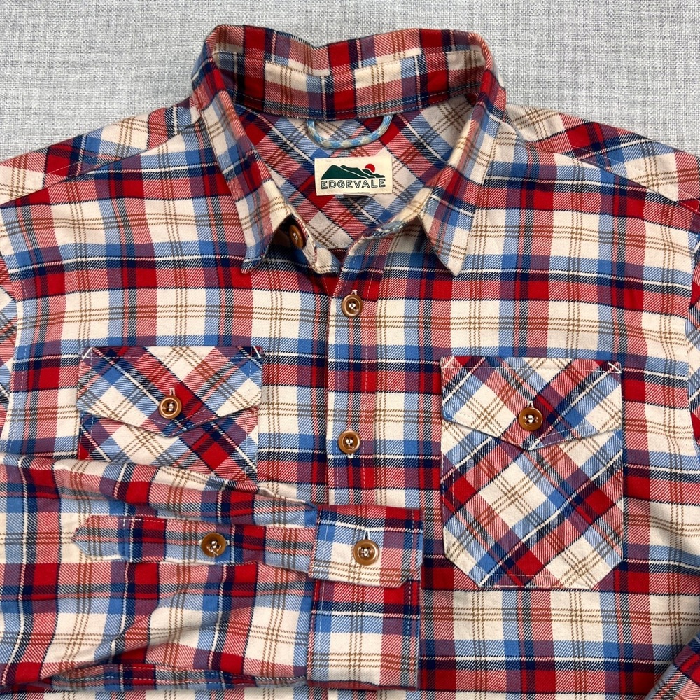 Edgevale Plaid Flannel Shirt Men Large Red Blue Made in USA‎ Workwear Gorpcore